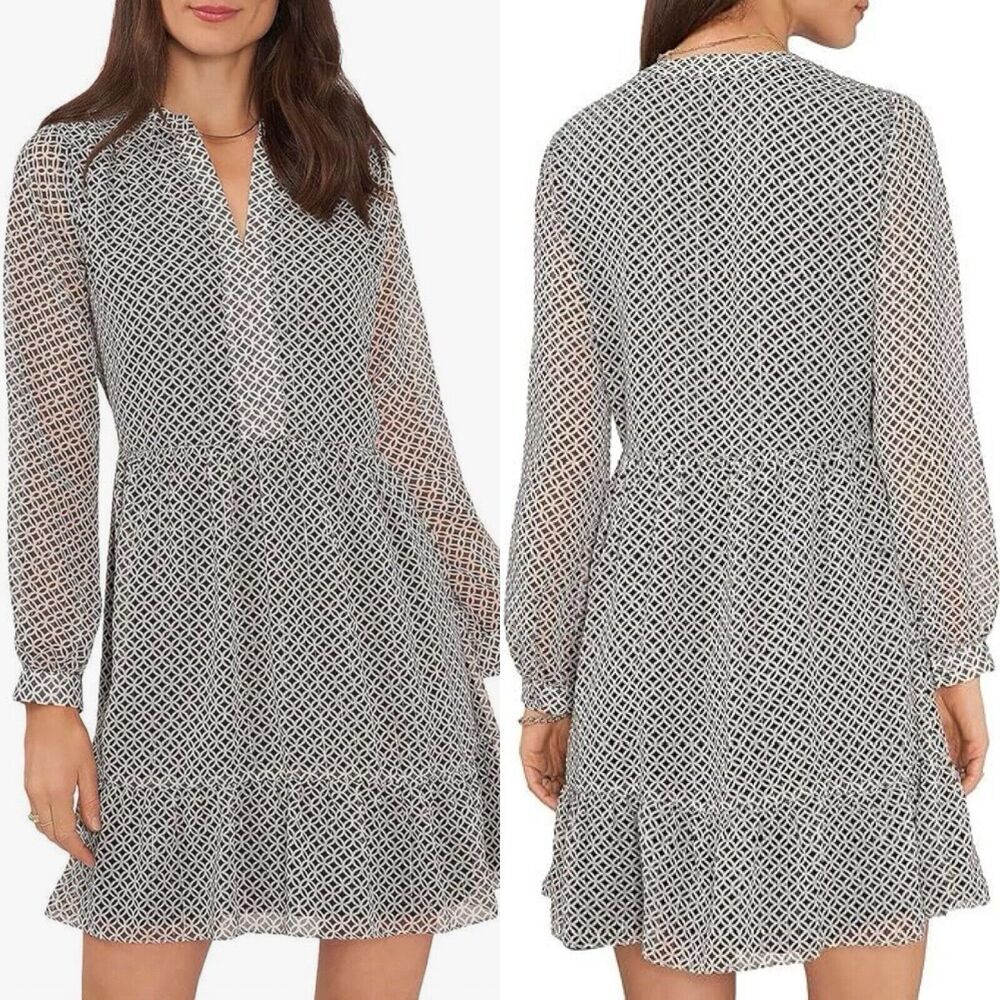 Vince Camuto Mini Dress Geometric Ruffle Tiered Ivory Black S Mod Quiet Luxury